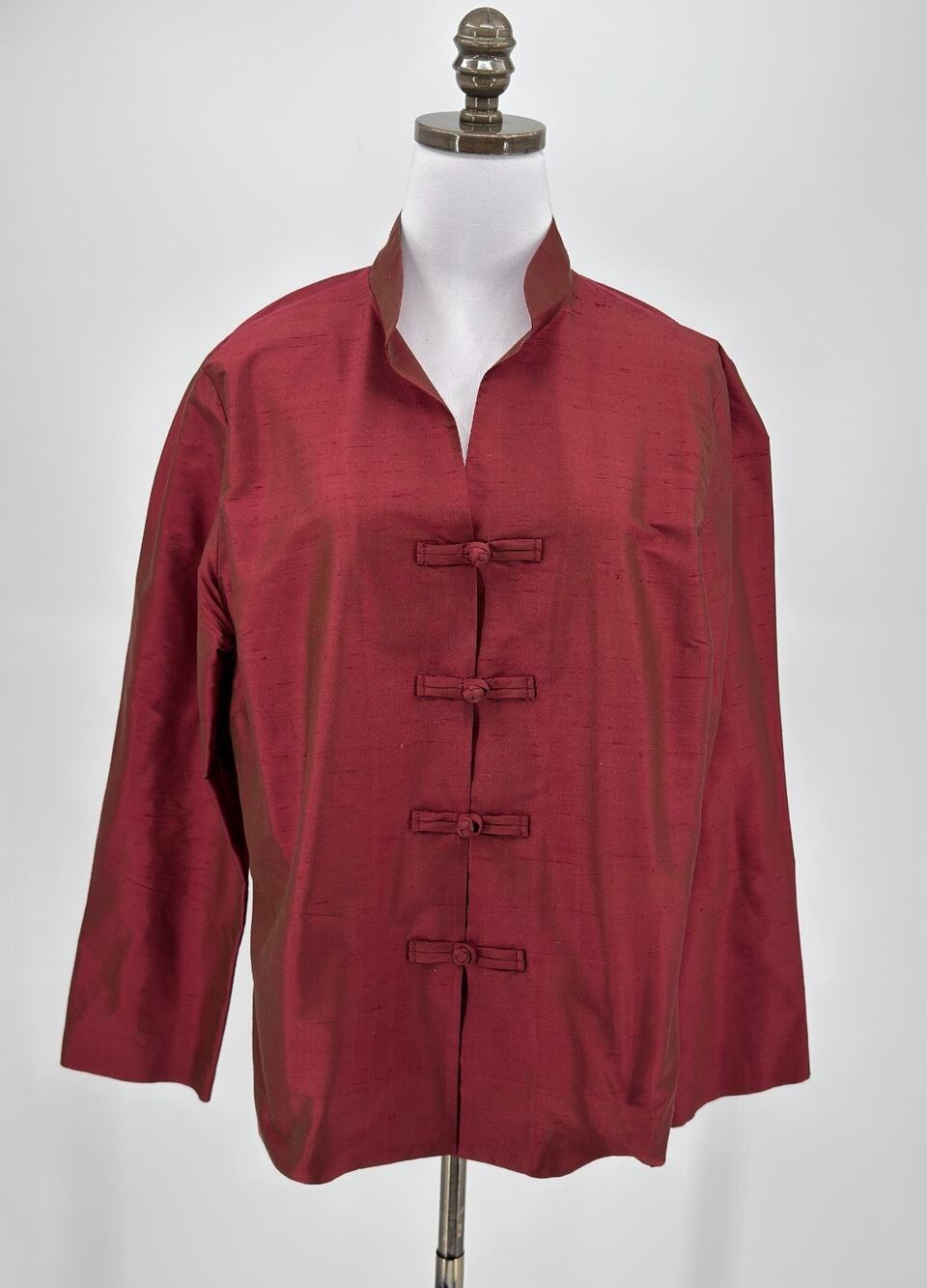 Harari Iridescent Red Silk Mandarin Collar Button Up Kimono Jacket Sz XL
